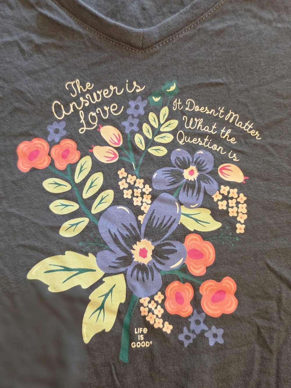 Life Is Good Dark Gray Long Sleeve Tee with Colorful Floral Graphic